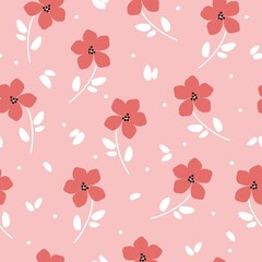 Seamless vintage pattern. Red flowers, white leaves and dots. Pink background. vector texture. fashionable print for textiles, wallpaper and packaging.