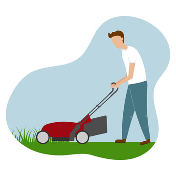 recommend clip art: Man cutting grass in garden. Gardener mowing lawn with electric push-mower in backyard. 
