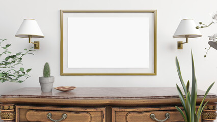 Horizontal blank frame mockup in living room interior with indoor plants on empty white wall background. 3D rendering. 3D illustration.