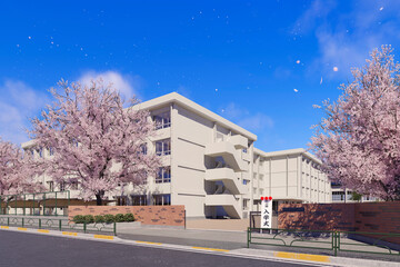 青空に桜が舞う入学式当日の校門と校舎 / 春の学園ロケーション・入学式・爽やかな新生活のコンセプトイメージ / 3Dレンダリンググラフィックス