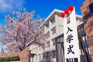 桜が満開に咲く入学式当日の校門と看板 / 春の学園ロケーション・入学式・爽やかな新生活のコンセプトイメージ / 3Dレンダリンググラフィックス