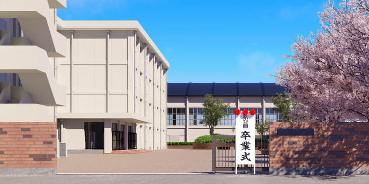 桜が満開に咲く卒業式当日の校門と看板 / 春の正門〜昇降口の学園ロケーション・卒業式・青春とノスタルジーのコンセプトイメージ / 3Dレンダリンググラフィックス