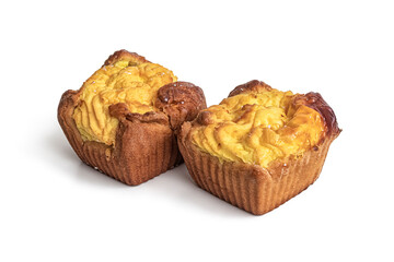 Delicious cupcakes for dessert, on a white background