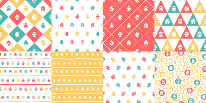 Easter, paschal eggs seamless colorful geometric patterns collection, set. Tiny painted cute egg shapes with stripes, square rhombus check, plaid, floral motives, hand drawn streaks, wavy lines.