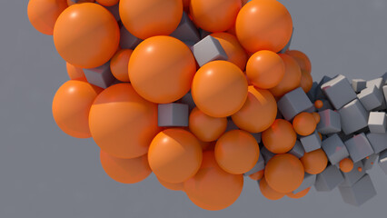 Gray cubes and orange balls. Gray background. Abstract illustration, 3d render, close-up.