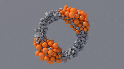 Abstract circle shape. Gray cubes and orange balls. Gray textured background. 3d render.
