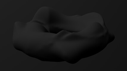 Black deformed circle shape, black background. Abstract monochrome illustration, 3d render.