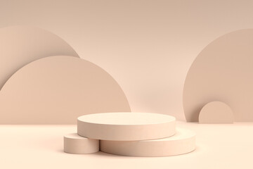 3d rendering of a blank showcase mock-up with a podium in the shape of a cylinder stand with a background of circles.