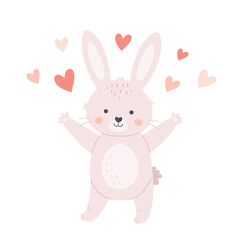 Cute bunny with hearts. Year of the Rabbit. Easter white bunny. Hand drawn vector illustration 