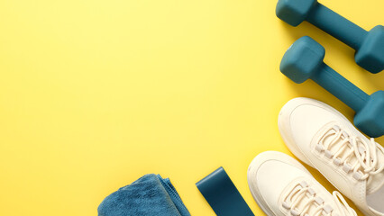 Blue dumbbells, towel, fitness tape and feminine sport shoes isolated on yellow background. Fitness...