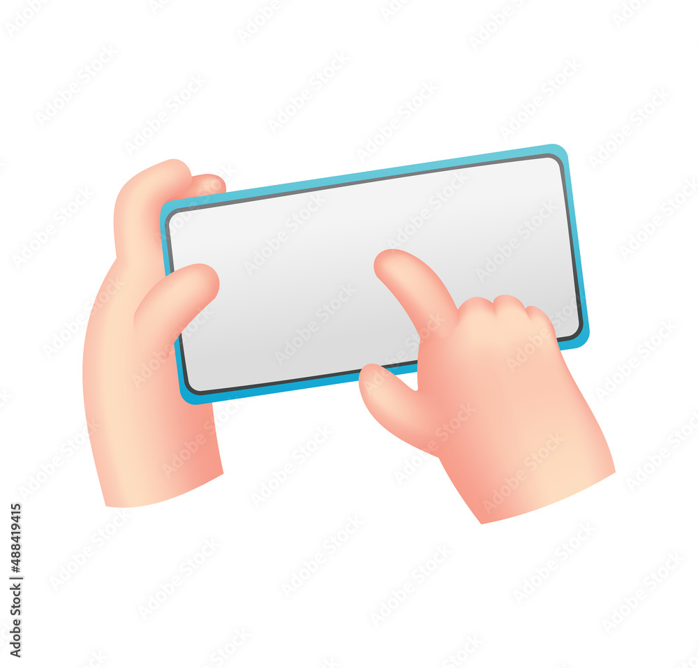 Poster cartoon hands with phone. human holding phone with empty screen. mock up of social network communica