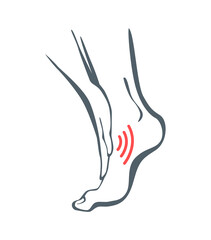 Body part pain. Man feels pain in ankle marked with red lines. Vector foci of pain or trauma symbols, grey art line illustration