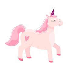 Cute cheerful pink unicorn character. Baby vector illustration in cartoon style isolated on white background. Fabulous magical creature element for design, postcards, poster