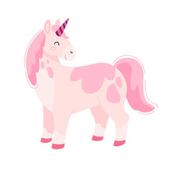 Cute cheerful pink unicorn character. Baby vector illustration in cartoon style isolated on white background. Fabulous magical creature element for design, postcards, poster
