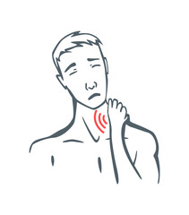Body part pain. Man feels pain in neck marked with red lines. Vector foci of pain or trauma symbols, grey art line illustration