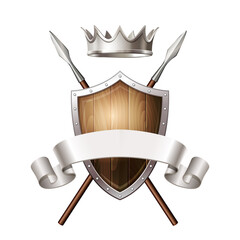 Graphic emblem composed using majestic crown, protection shield, crossed spears and ribbon.