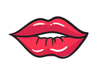 Comic female red lips sticker. Women mouth with lipstick in vintage comic style. Rop art retro illustration