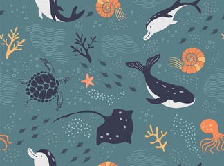 Seamless vector pattern with sea creatures. Turtle, stingray, octopus, whale and dolphins. Ocean print. Hand drawn illustration.