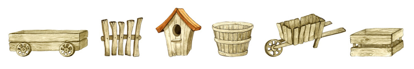 Farm watercolor set of elements. Watercolor illustration for design, print, fashion, fabric, wallpaper, web or background.