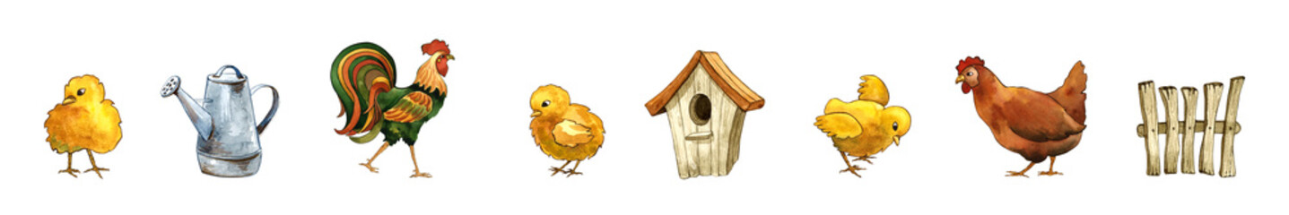 watercolor set of rooster, hen, chicks and agricultural implements for the farm. Watercolor illustration for design, print, fashion, fabric, wallpaper, web or background © Mariya Tarasova