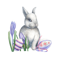 image of a cute Easter bunny among blue crocuses and painted eggs
