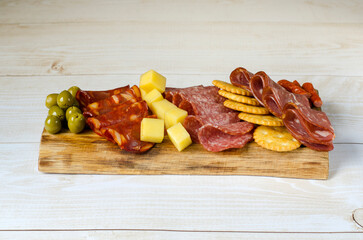 Charcuterie board. Board with snacks.