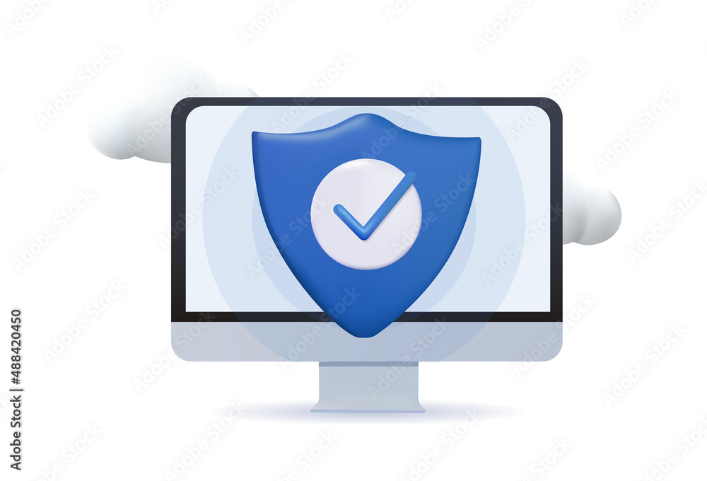 Poster laptop computer with security shield symbol. data protection, internet security concept. 3d vector i