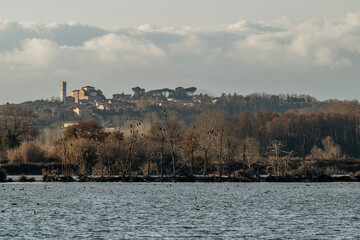 Gherardesca lake with San Ginese di Compito in the background, Lucca, Italy