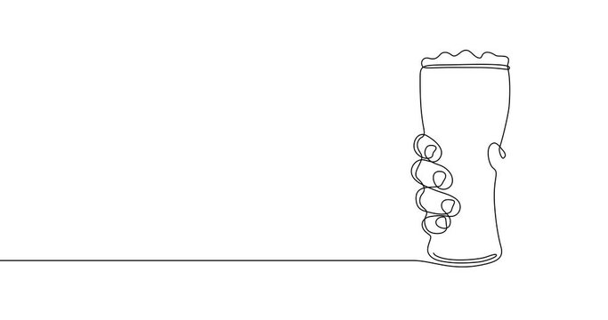 Animation of an image drawn with a continuous line. Hand holding beer glass.