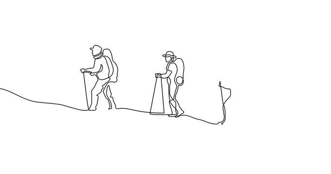 Animation of an image drawn with a continuous line. People with backpacks travel the mountains.