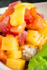 Raw fish poke bowl  with sauce