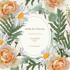 Vintage card template with a bouquet of wild camomile, roses flowers, herbs, eucalyptus on a white background.  Isolated illustration.