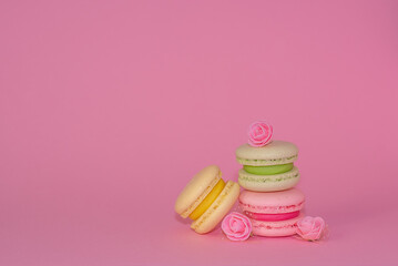 Macaroni with sweet almonds or dessert cake made of almond cookies, painted in the fashionable color of 2022. Very beautiful background.