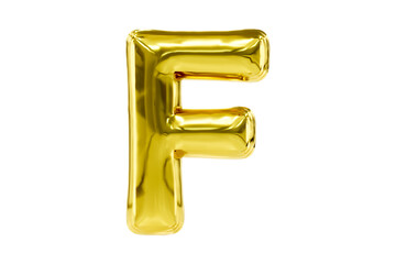 Golden party font metellic golden letter F made of realistic helium balloon, Premium 3d illustration.
