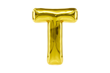Golden party font metellic golden letter T made of realistic helium balloon, Premium 3d illustration.