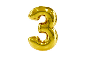 Golden number 3 made of realistic helium party balloon, Premium 3d illustration.