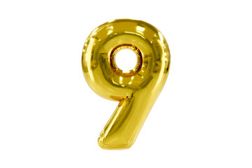 Golden number 9 made of realistic helium party balloon, Premium 3d illustration.