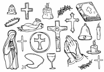 Christian Religion doodle icon set. Christianity Vector illustration collection. Cross and symbols Hand drawn Line art style. Easter concept © Saramix