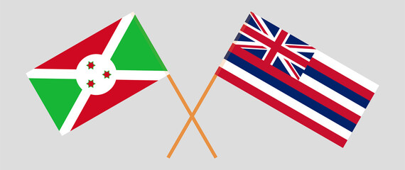 Crossed flags of Burundi and The State Of Hawaii. Official colors. Correct proportion