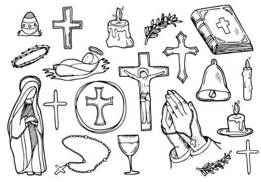 Christian Religion doodle icon set. Christianity Vector illustration collection. Cross and symbols Hand drawn Line art style. Easter concept