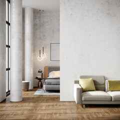 Stylish modern interior of the room with light walls and comfortable furniture. 3D renderer