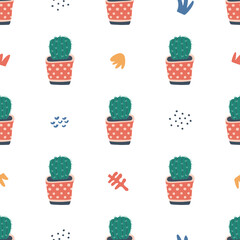 Seamless pattern with home plants in hand drawn, Scandinavian style. Illustration for textiles, stickers, cards, poster, wallpaper, wrapping paper. Isolated on white background vector illustration