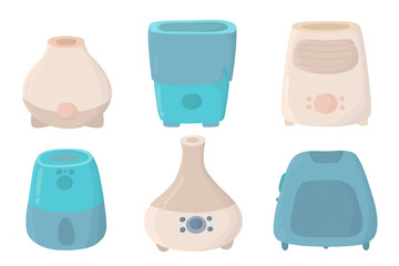 air purifier set cartoon. Humidifier icons set collection. Set of purifiers microclimate for home. Healthy humidity. appliances, aroma diffuser