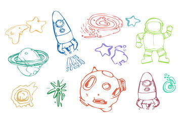 set of Space elements in the doodle sketch style. space rockets and ships, astronauts, star, comet, moon.