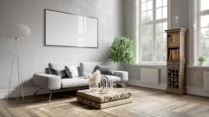 Modern beautiful interior of the room with white walls, large windows and stylish furniture. Bright and stylish design. 3D rendering