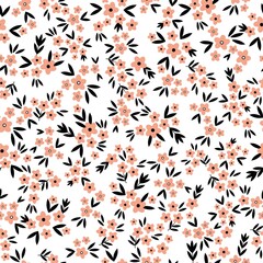 Seamless vintage pattern. Small pink flowers, black leaves. White background. vector texture. fashionable print for textiles, wallpaper and packaging.