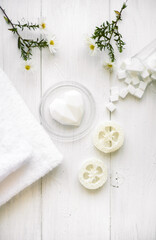 Obraz na płótnie Canvas natural eco beauty handmade herbal soap. luffa sponge, clay for making facial or body mask
