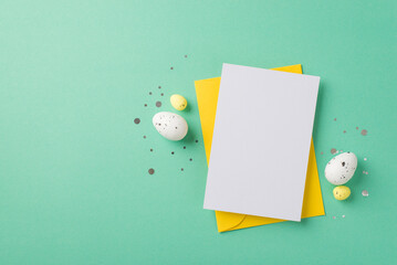 Top view photo of easter decorations glowing confetti yellow envelope paper card and easter eggs on isolated pastel green background with blank space