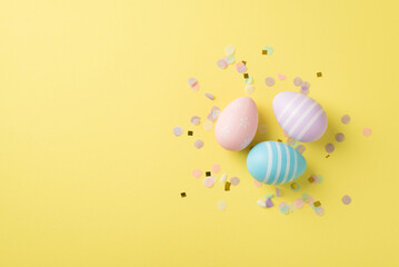 Top view of three pastel painted Easter eggs with cute confetti on the isolated yellow background blank space