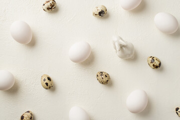 Top view photo of easter decorations ceramic bunny and easter eggs on isolated white background